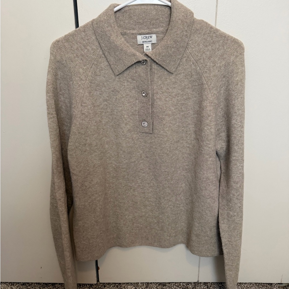J. Crew Taupe Polo Sweater with rhinestone buttons
